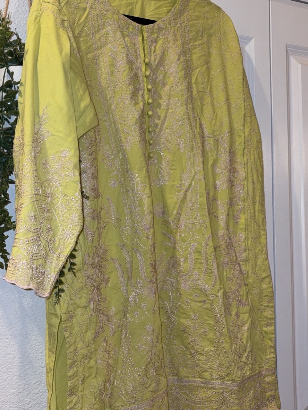 Embroidered Long Sleeve Dress in Chartreuse